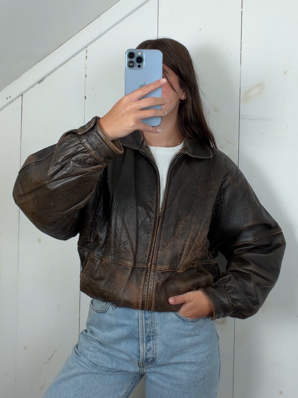 Vintage Brown Genuine Leather Bomber Jacket Men’s L Full Zip Faded Patina 90s